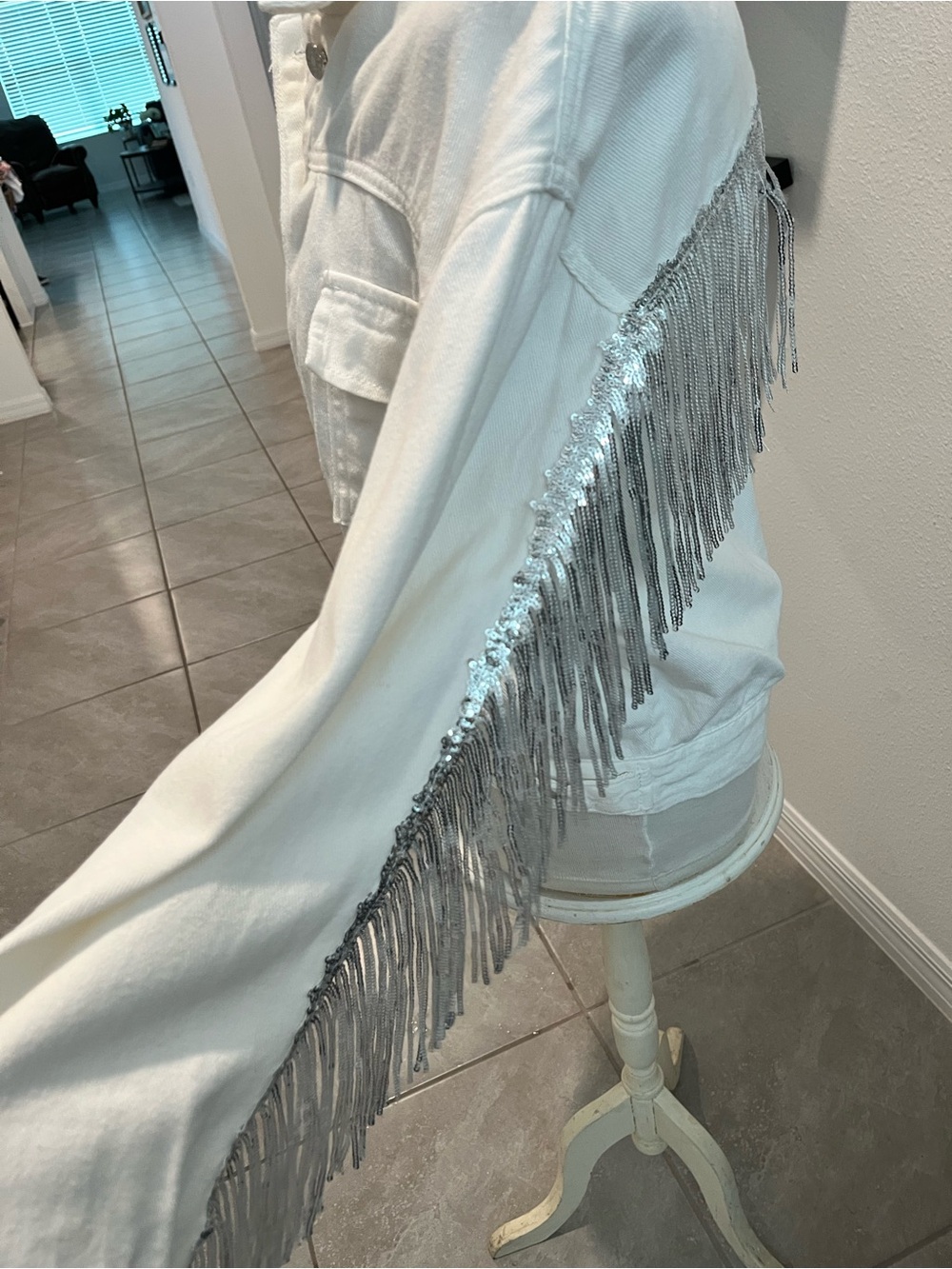 White Cotton Jacket/Top with Silver Fringe by Timing